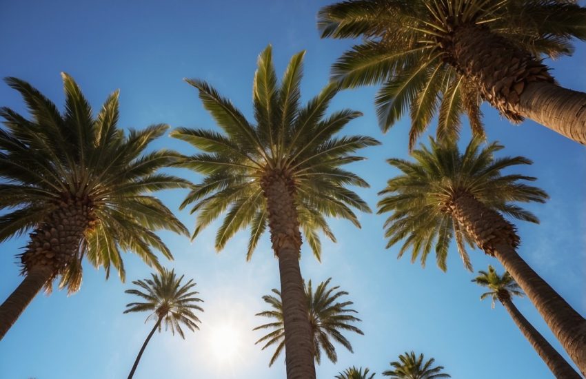 Tall palm trees sway in the gentle breeze of Zone 6, their long, slender leaves rustling in the wind against a backdrop of clear blue skies