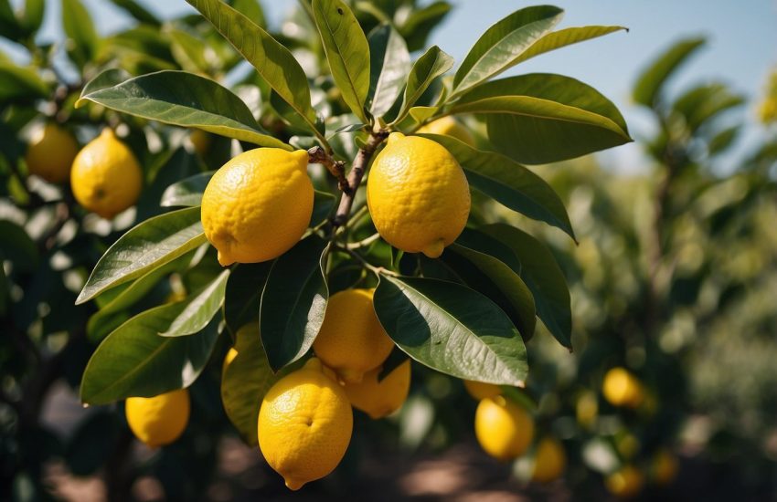 A lemon tree with bright yellow fruits and green leaves in a Zone 7 garden
