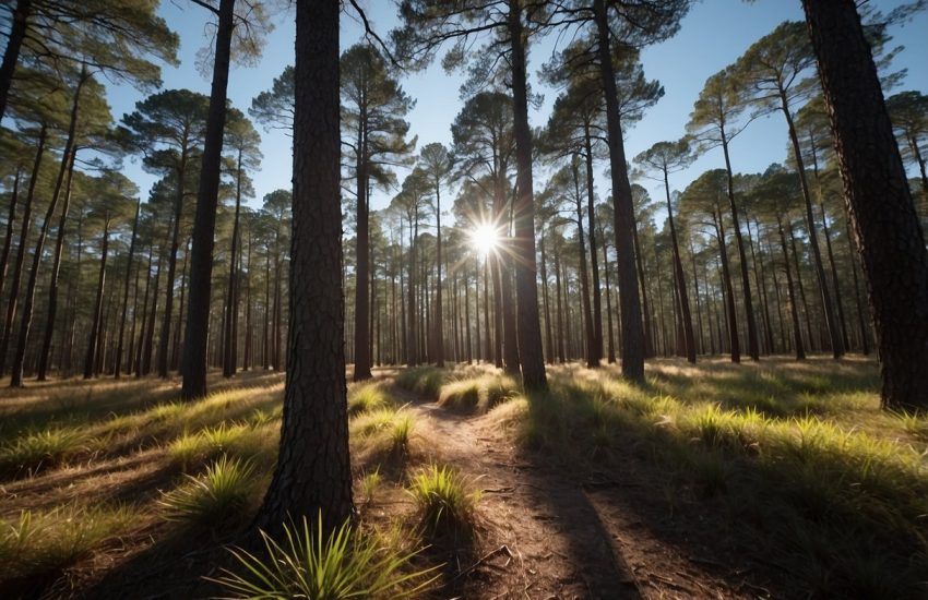 Tall pine trees stand against a bright blue sky in a Florida forest. Sunlight filters through the dense branches, casting dappled shadows on the ground