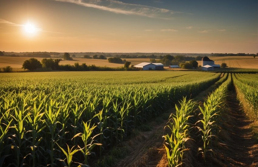 Iowa's zone is depicted with rolling fields of corn and soybeans, dotted with farmhouses and silos under a vast, open sky