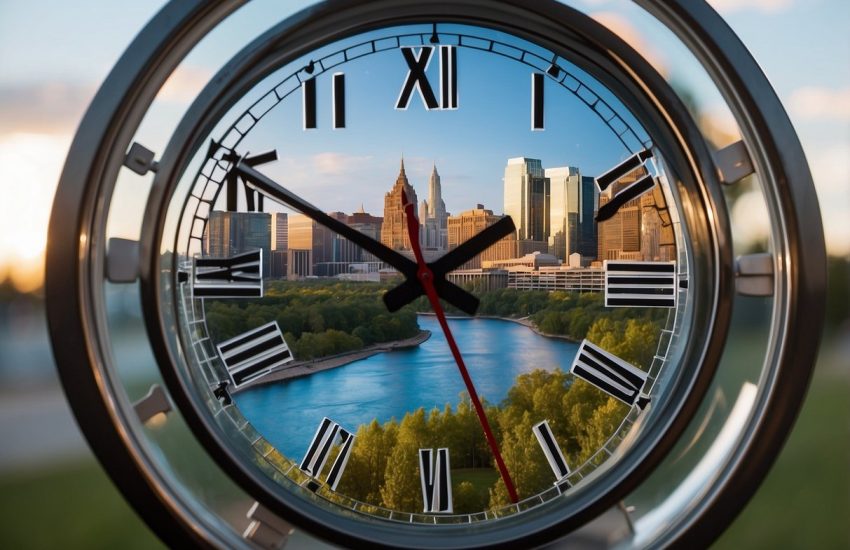 Minnesota is in the Central Time Zone. The scene could include a clock showing the current time in Minnesota, with the zone clearly labeled