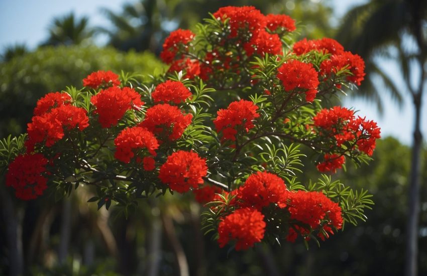 A tall tree in Florida with vibrant red flowers blooming on its branches. The lush green leaves provide a striking contrast to the bright red blooms