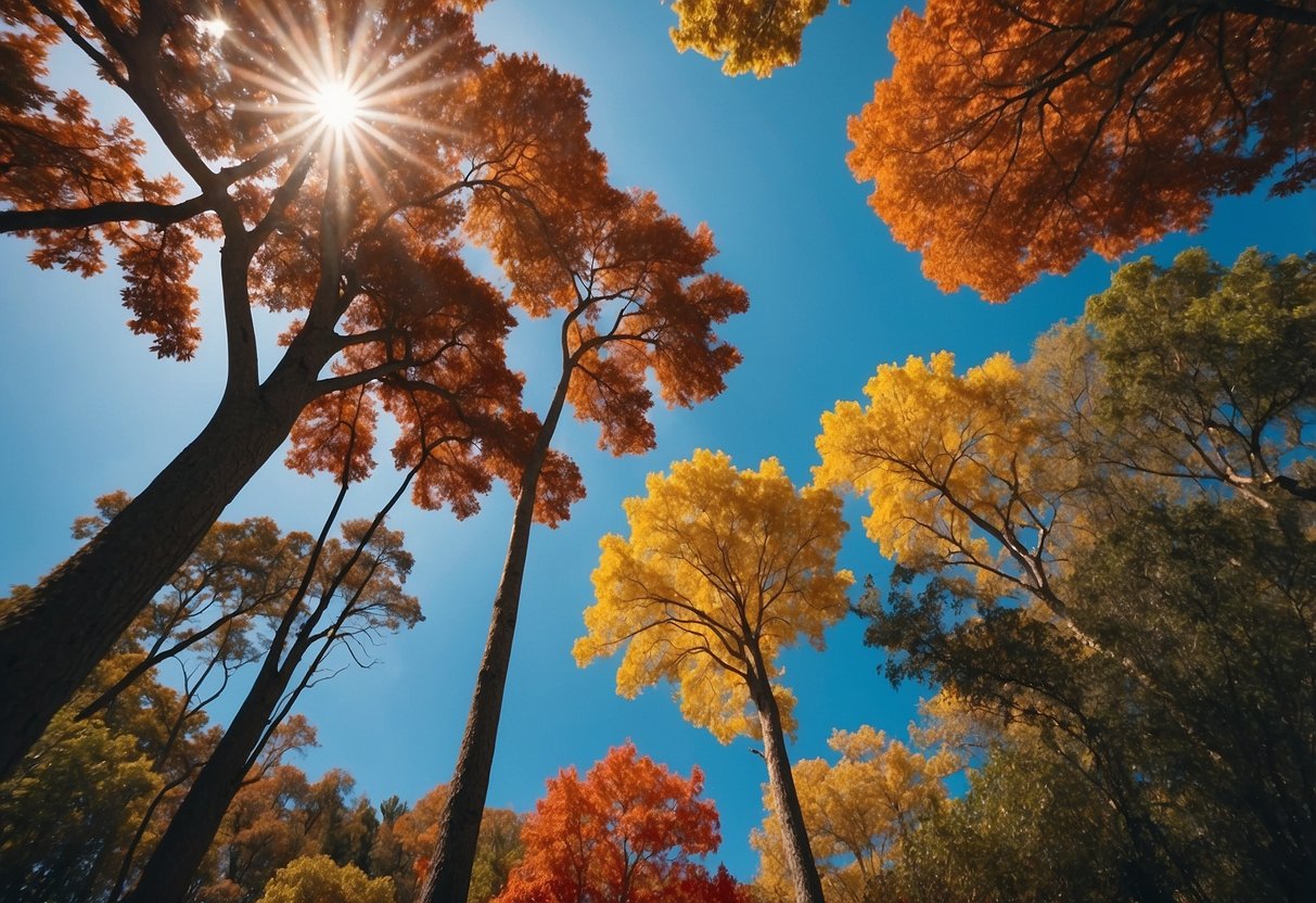 A variety of deciduous trees in a Florida forest, with vibrant leaves in shades of red, orange, and yellow, standing tall against a clear blue sky