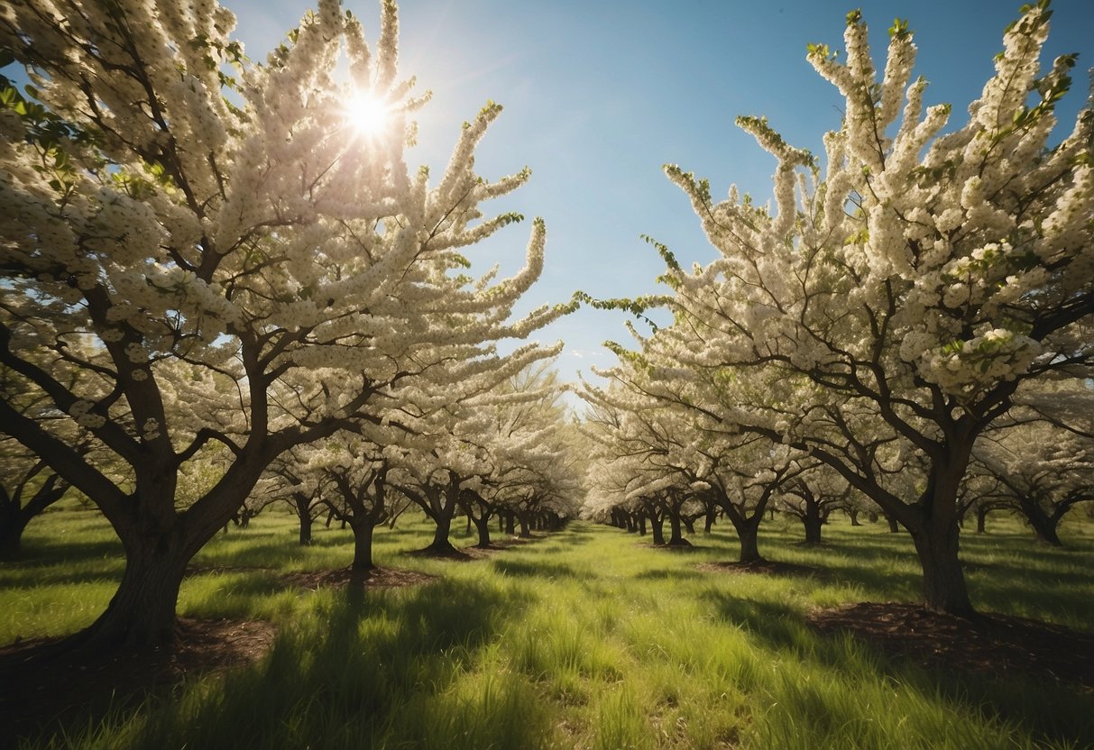 A sunny Connecticut orchard with oak, hickory, and walnut trees in full bloom, surrounded by a lush green landscape