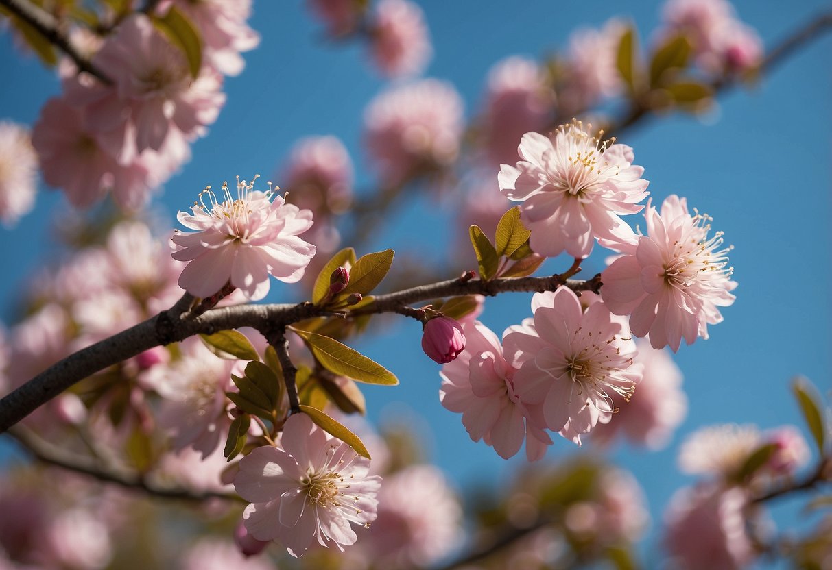 A vibrant pink flower tree stands against a clear blue Texas sky, its delicate blossoms swaying in the gentle breeze