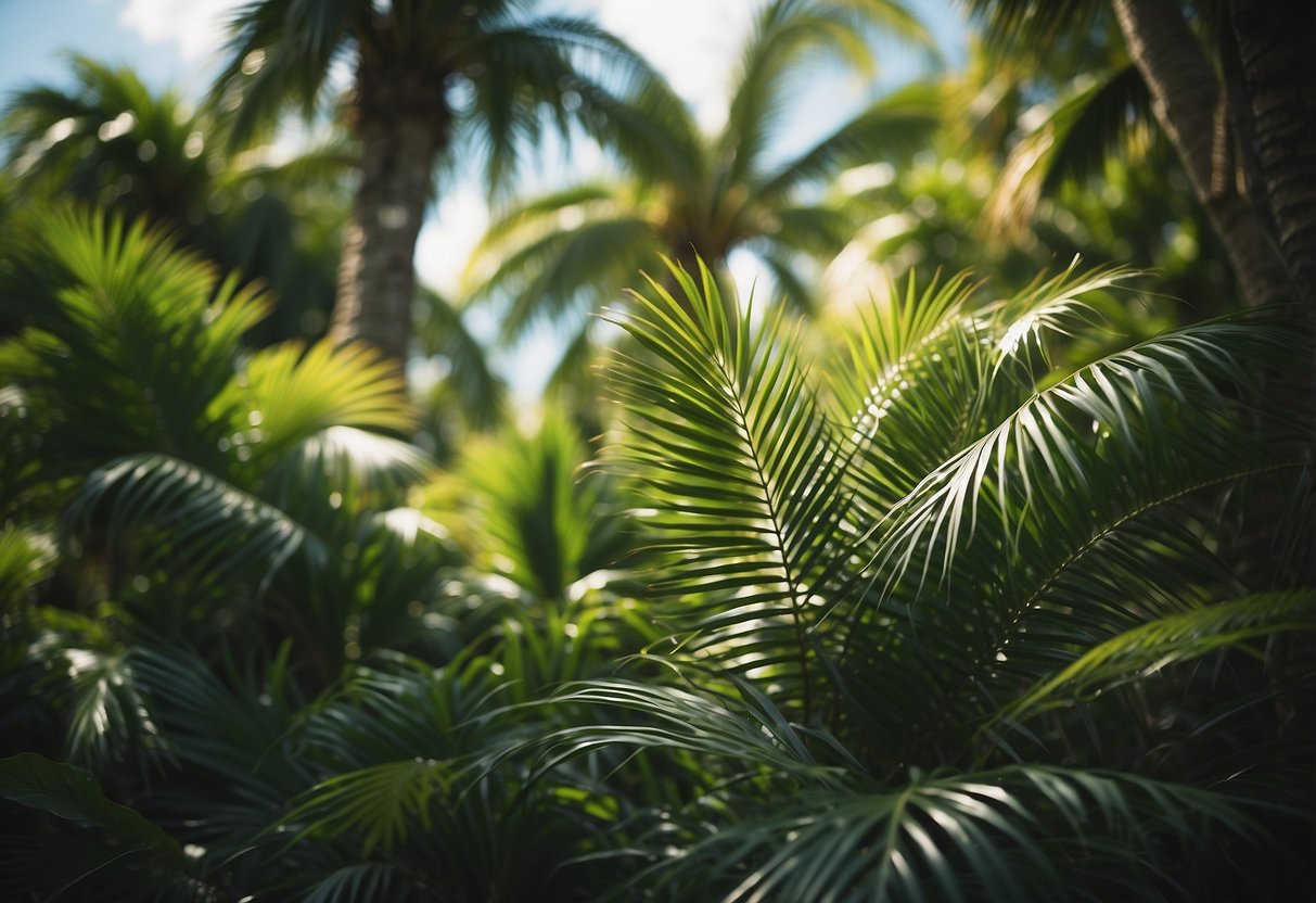 Lush green palms sway in a gentle breeze, surrounded by vibrant flowers and foliage. A clear blue sky provides the perfect backdrop for these tropical beauties