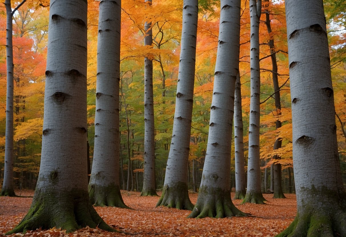 A variety of maple trees stand tall in a New Jersey forest, displaying different leaf shapes, colors, and bark textures