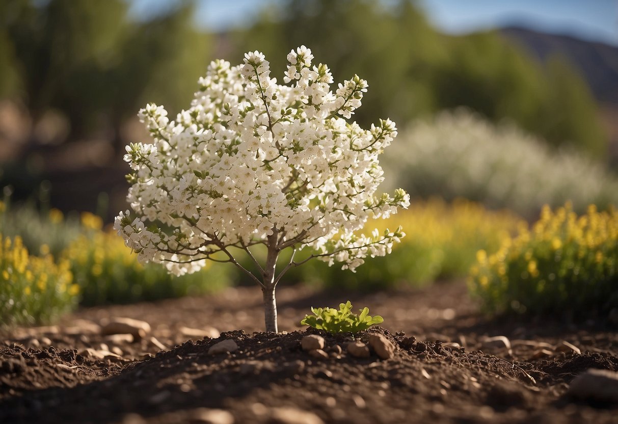 A white flowering tree stands tall in a carefully tended garden in Utah, surrounded by rich, fertile soil and receiving attentive care for optimal growth