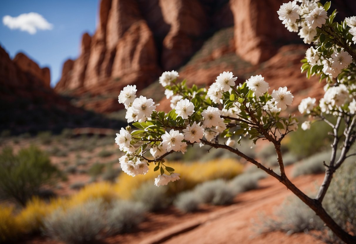 A white flowering tree stands against a backdrop of Utah's red rock landscape