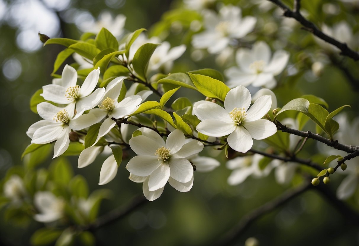 A variety of trees in full bloom, including dogwood, cherry, and magnolia, set against a backdrop of lush green foliage