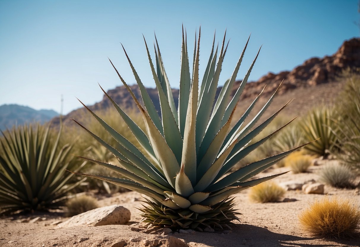 A desert landscape with tall, spiky plants resembling agave, set against a backdrop of rocky terrain and a clear blue sky