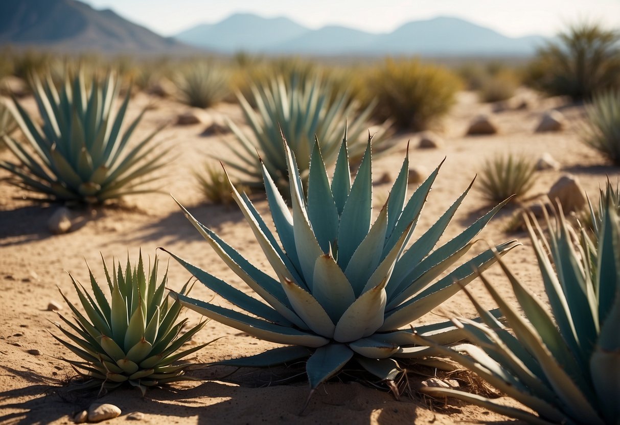 A desert landscape with various agave lookalike plants growing in rocky, sandy soil. The plants are arranged in clusters, with their spiky leaves reaching towards the sky