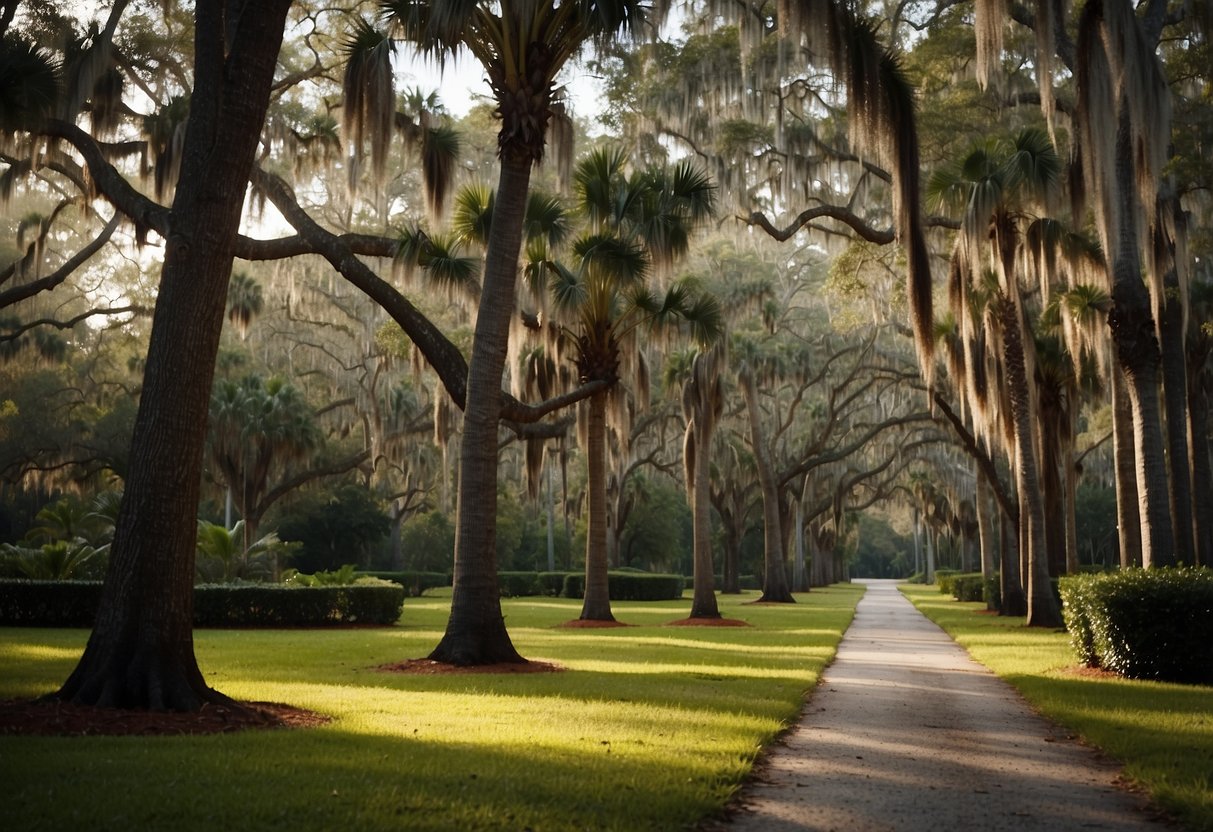 Palm trees and oak trees dominate the Florida landscape, with their tall, slender trunks and lush, green leaves. Spanish moss hangs from the branches, adding a touch of Southern charm