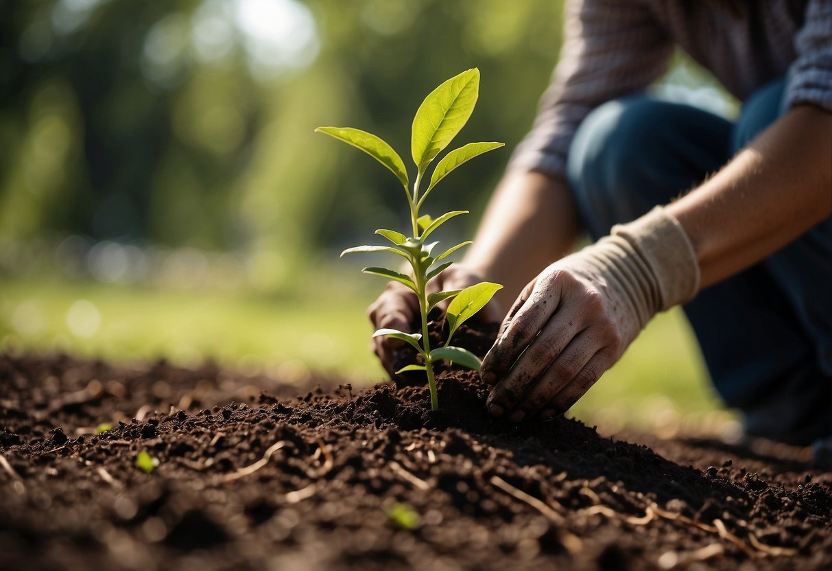 A person planting a small sapling in rich soil, surrounded by mulch and watered regularly under the shade of existing tall trees