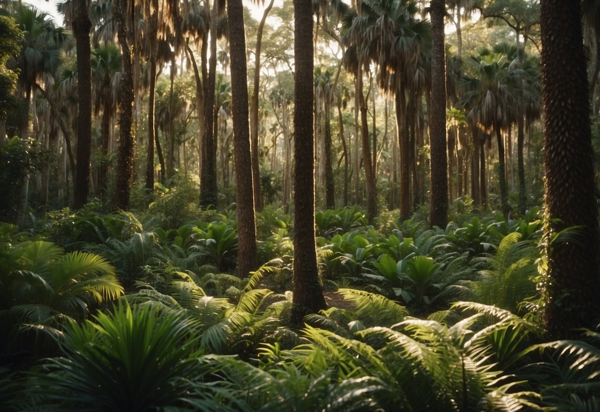 Lush forest with diverse tree species, including palm, oak, and pine. Wildlife thrives in the rich ecosystem, highlighting conservation efforts in Florida