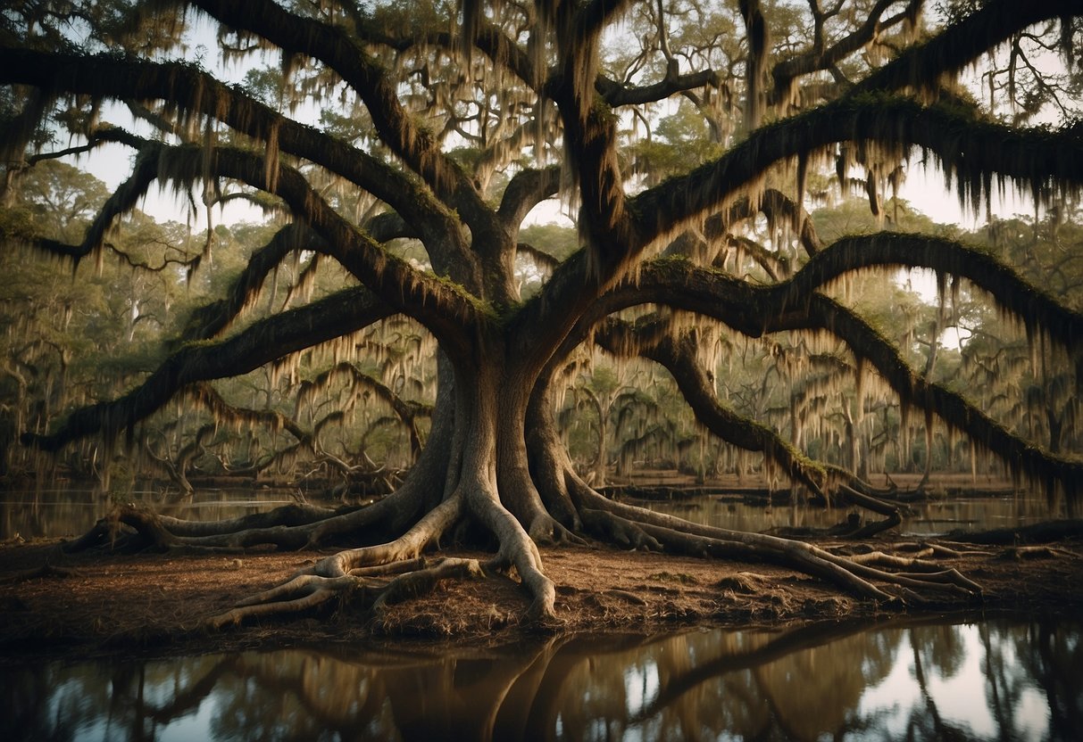 An old oak tree stands tall in a Louisiana swamp, its gnarled branches reaching out and Spanish moss hanging from its limbs