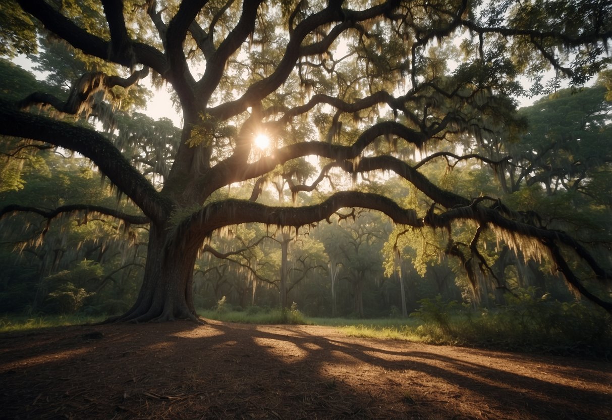 An oak tree stands tall in a Louisiana forest, providing habitat for wildlife and shade for humans