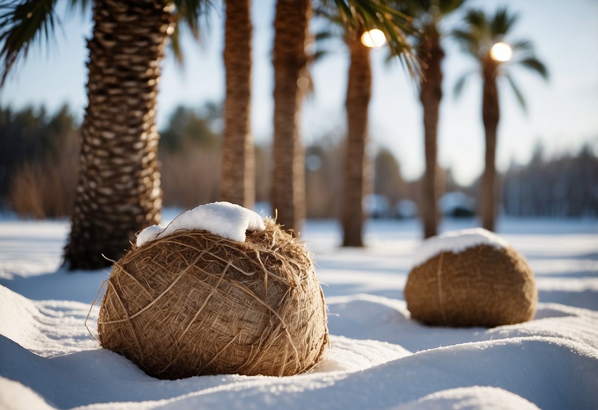 Palm trees wrapped in burlap, heat lamps, and mulch in a snowy landscape