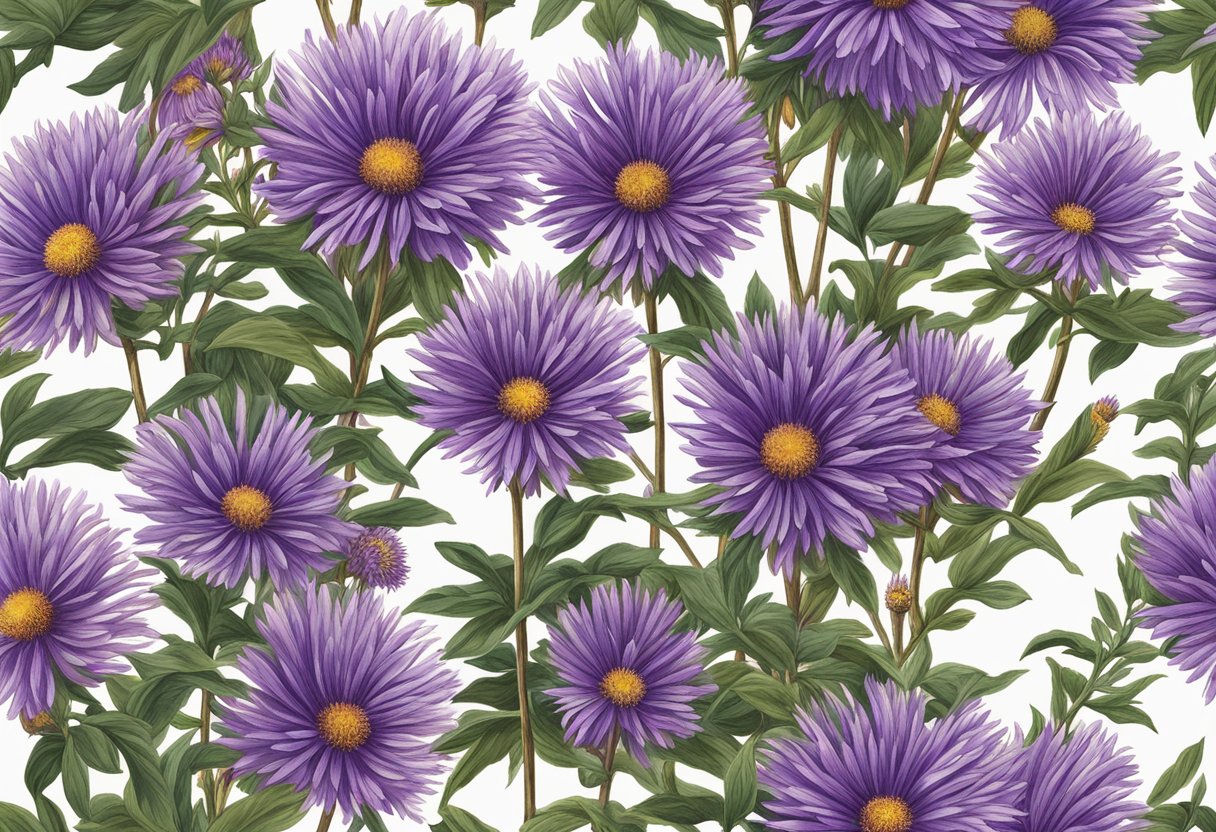 New England aster grows tall, reaching up to 6 feet in height with clusters of vibrant purple flowers