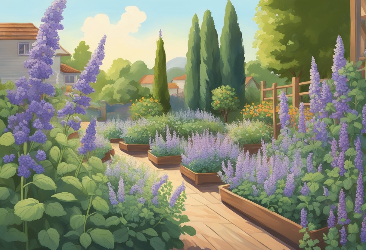 Catmint plants, in various sizes, are being carefully tended to and cultivated by a gardener in a sunny, well-kept garden