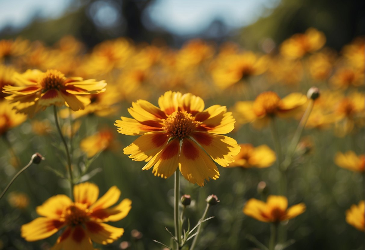 A garden filled with vibrant coreopsis varieties swaying in the breeze, their yellow, orange, and red petals creating a stunning display of color and movement