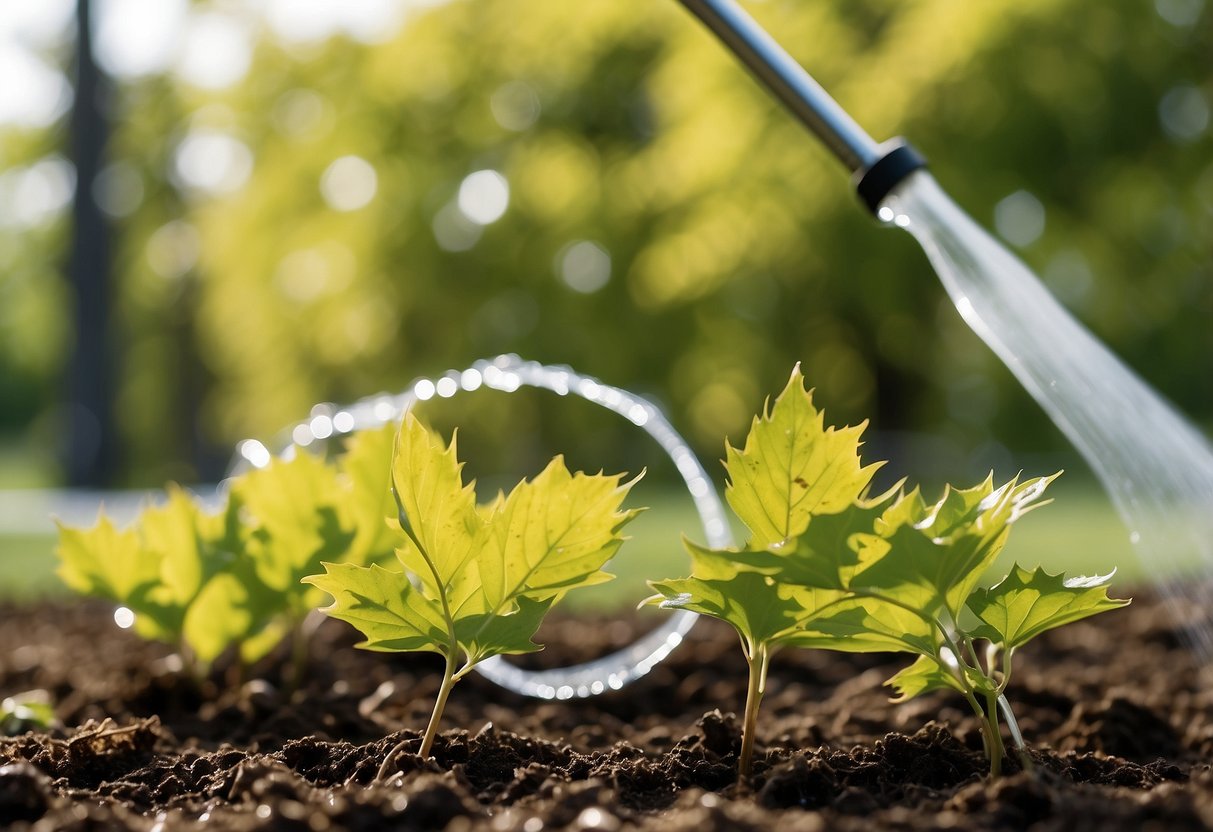 Maple trees being pruned and watered in an Illinois garden