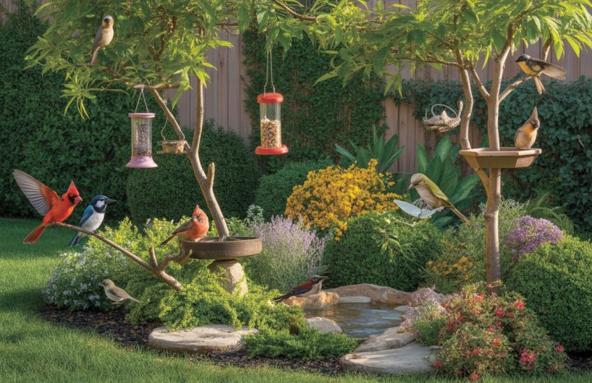 A backyard with flowering plants, bird feeders, a birdbath, and various birds perched and flying among the greenery.
