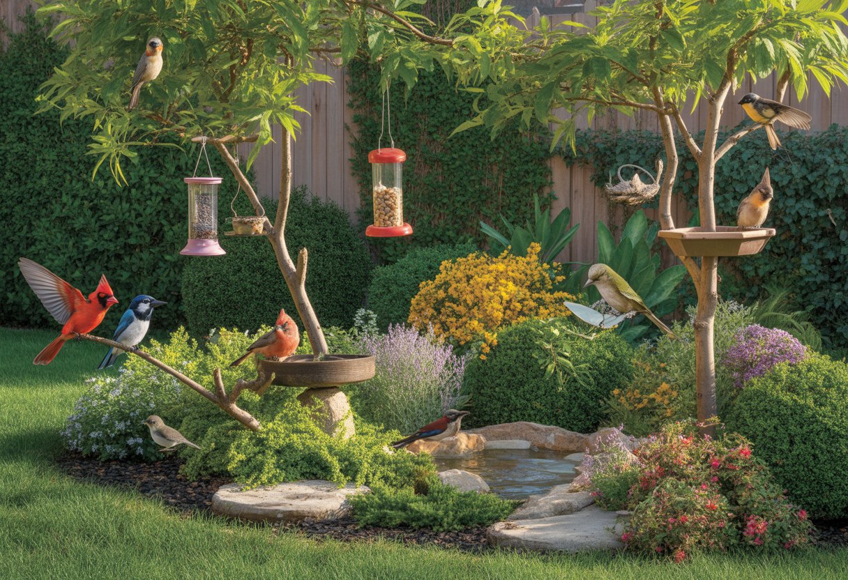 A backyard with flowering plants, bird feeders, a birdbath, and various birds perched and flying among the greenery.