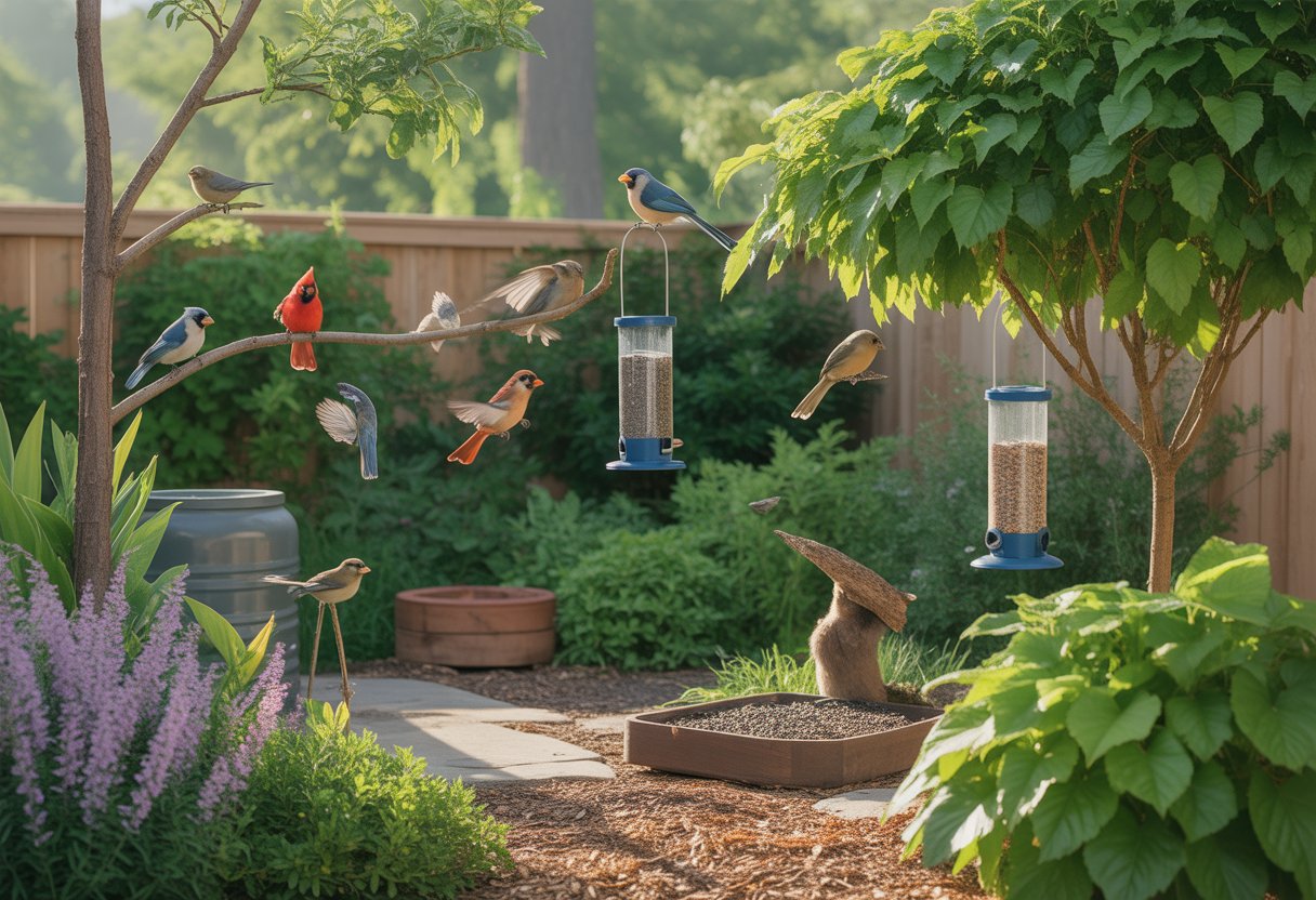 A backyard with native plants, trees, bird feeders, and several colorful birds perched and feeding.
