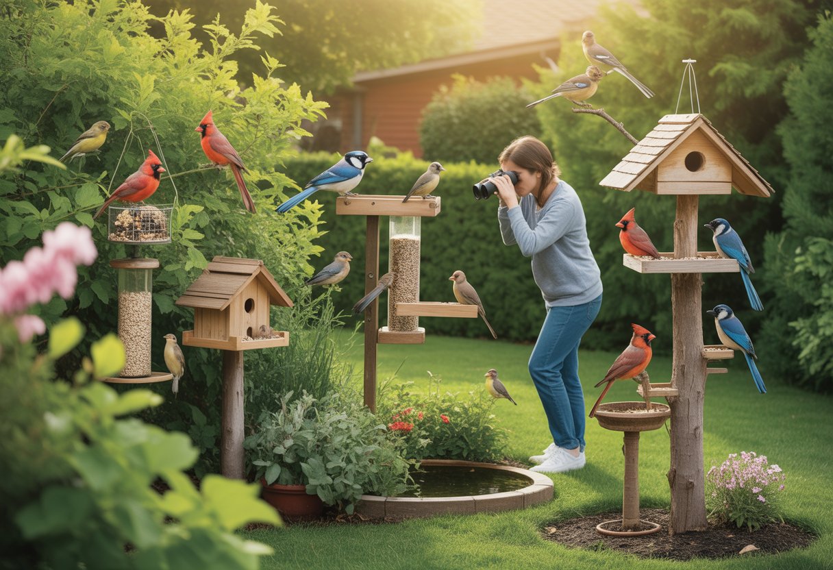 A person observing colorful birds perched on bird feeders and birdhouses in a lush backyard garden with flowers and greenery.