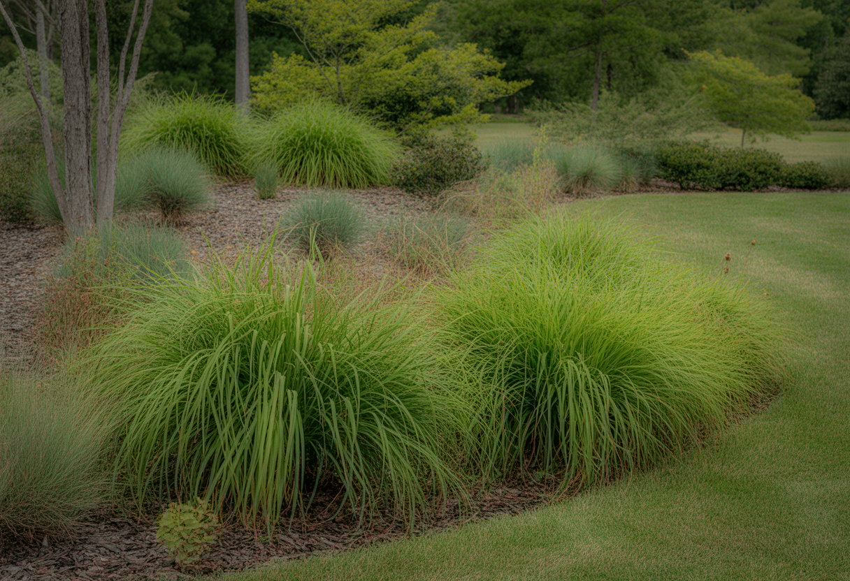 A garden bed in North Carolina filled with green native sedge plants surrounded by trees and shrubs.