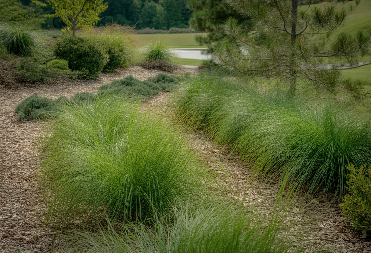 A landscaped outdoor garden area in North Carolina featuring green native sedge plants arranged along pathways and garden beds.