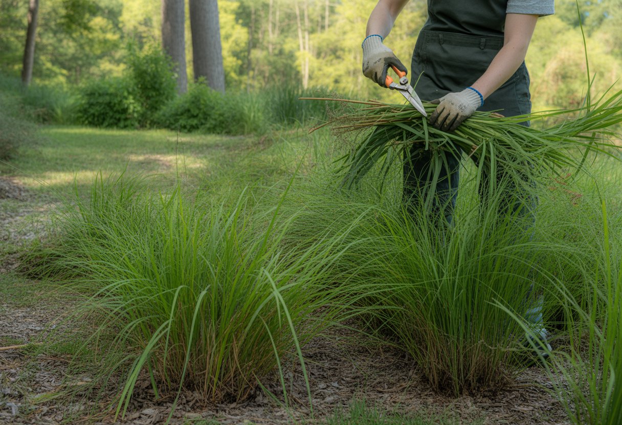 A gardener trimming green native sedge plants in a landscaped garden bed with trees in the background.
