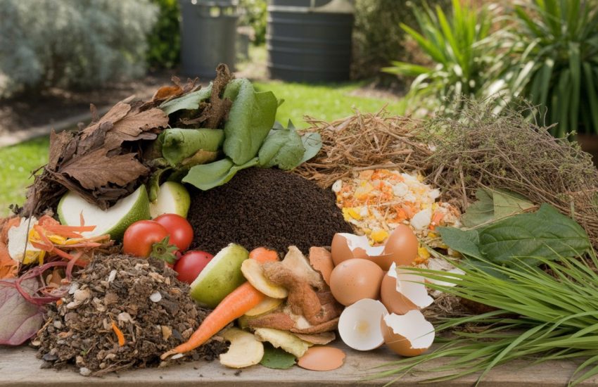 An outdoor scene displaying various compost materials including dried leaves, vegetable scraps, coffee grounds, eggshells, and grass clippings arranged on a wooden surface near a garden and compost bin.
