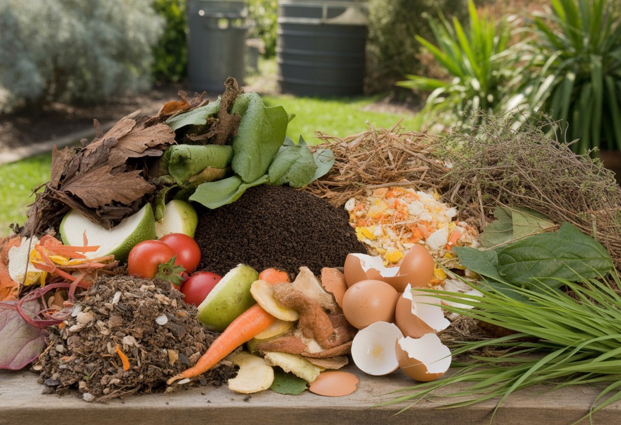 An outdoor scene displaying various compost materials including dried leaves, vegetable scraps, coffee grounds, eggshells, and grass clippings arranged on a wooden surface near a garden and compost bin.