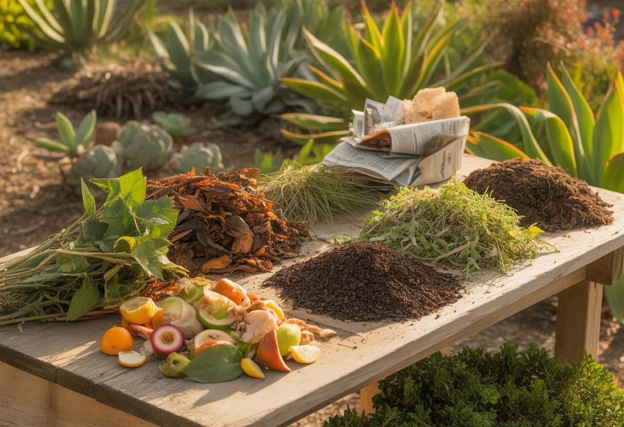 Outdoor wooden table with various compost materials like dried leaves, coffee grounds, vegetable scraps, and grass clippings, set against a garden with native Californian plants.