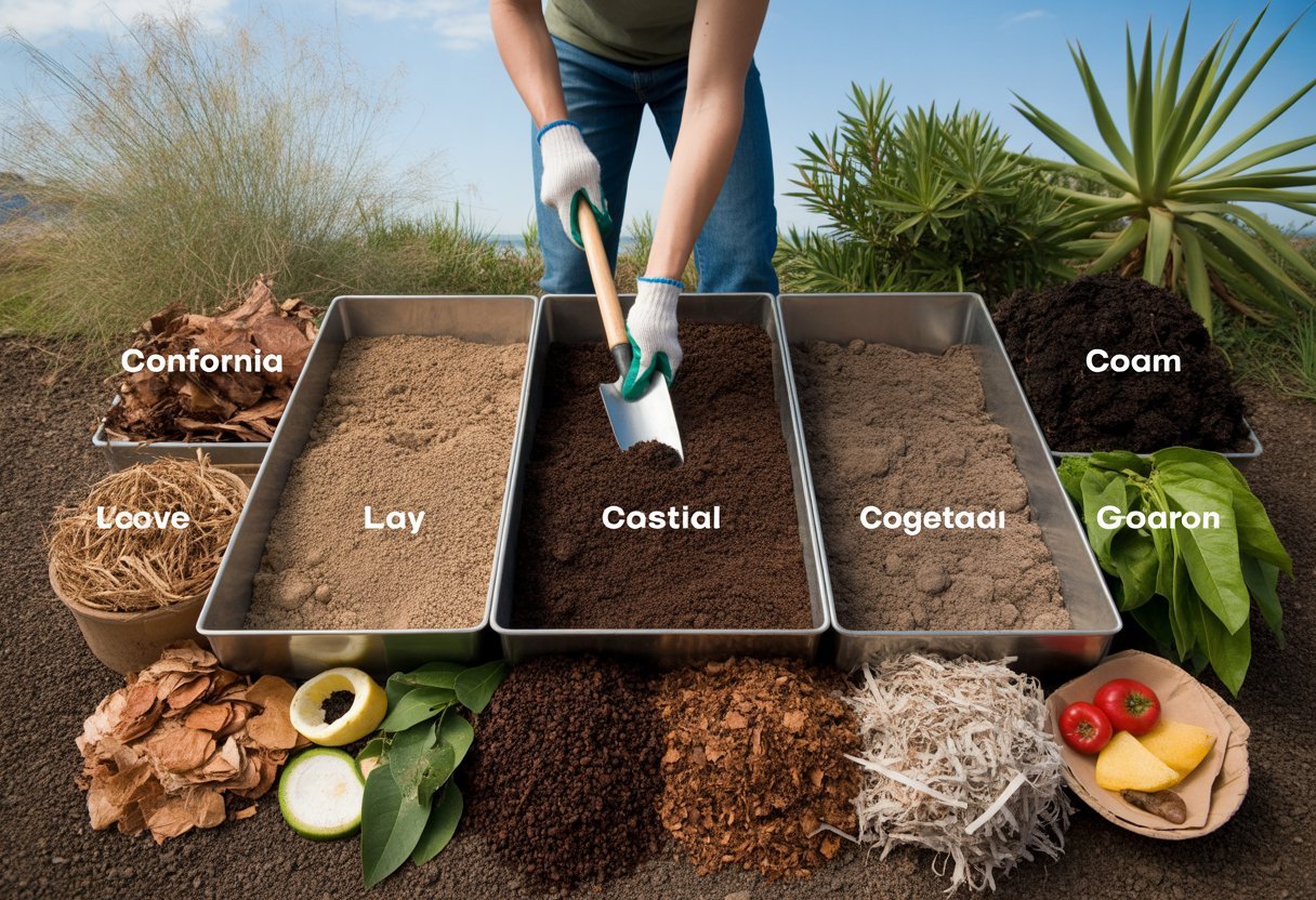 A gardener mixing compost materials into different types of California soil samples outdoors with native plants in the background.
