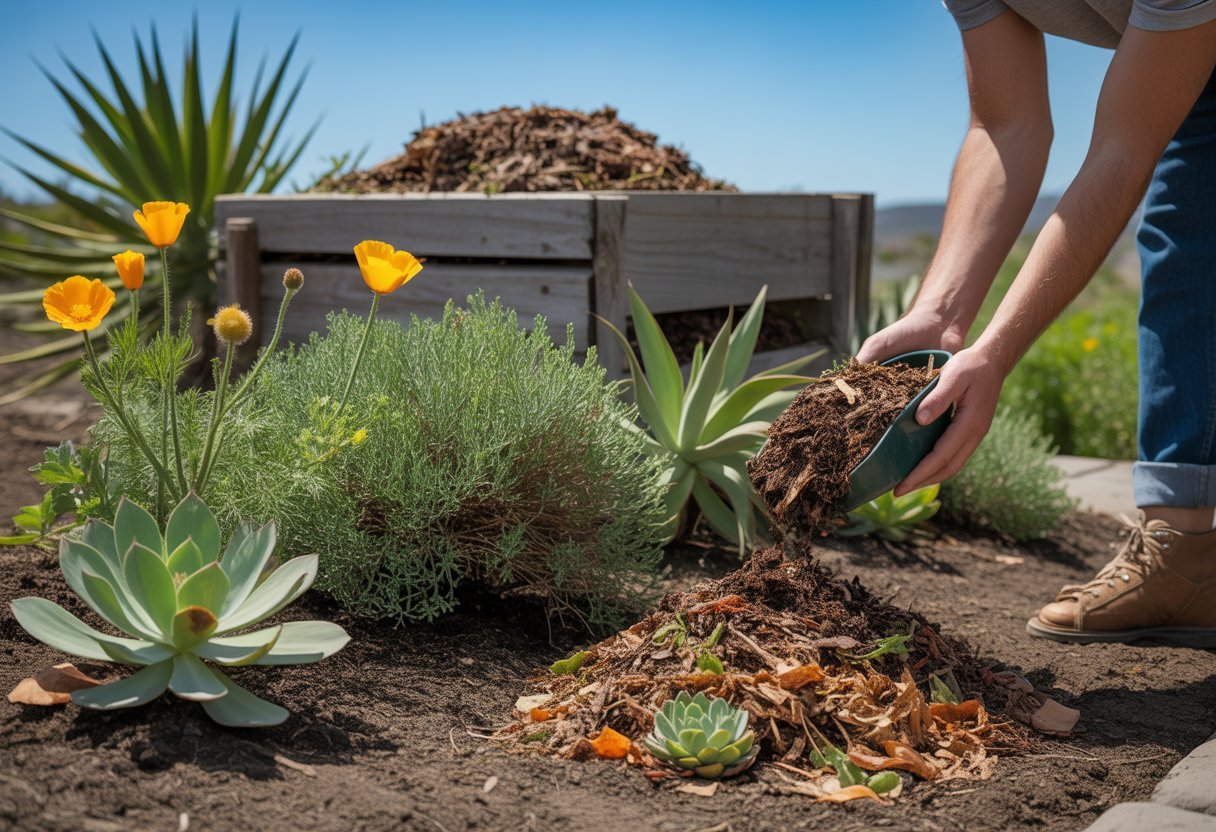 Hands spreading compost around healthy California native plants in a sunny garden with a compost bin in the background.