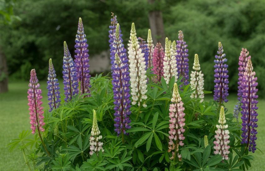 Close-up of colorful ornamental lupine flowers blooming in a green garden.
