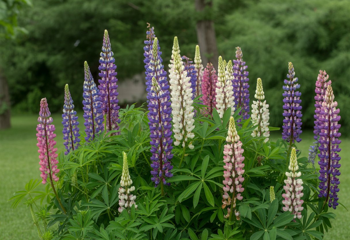 Close-up of colorful ornamental lupine flowers blooming in a green garden.
