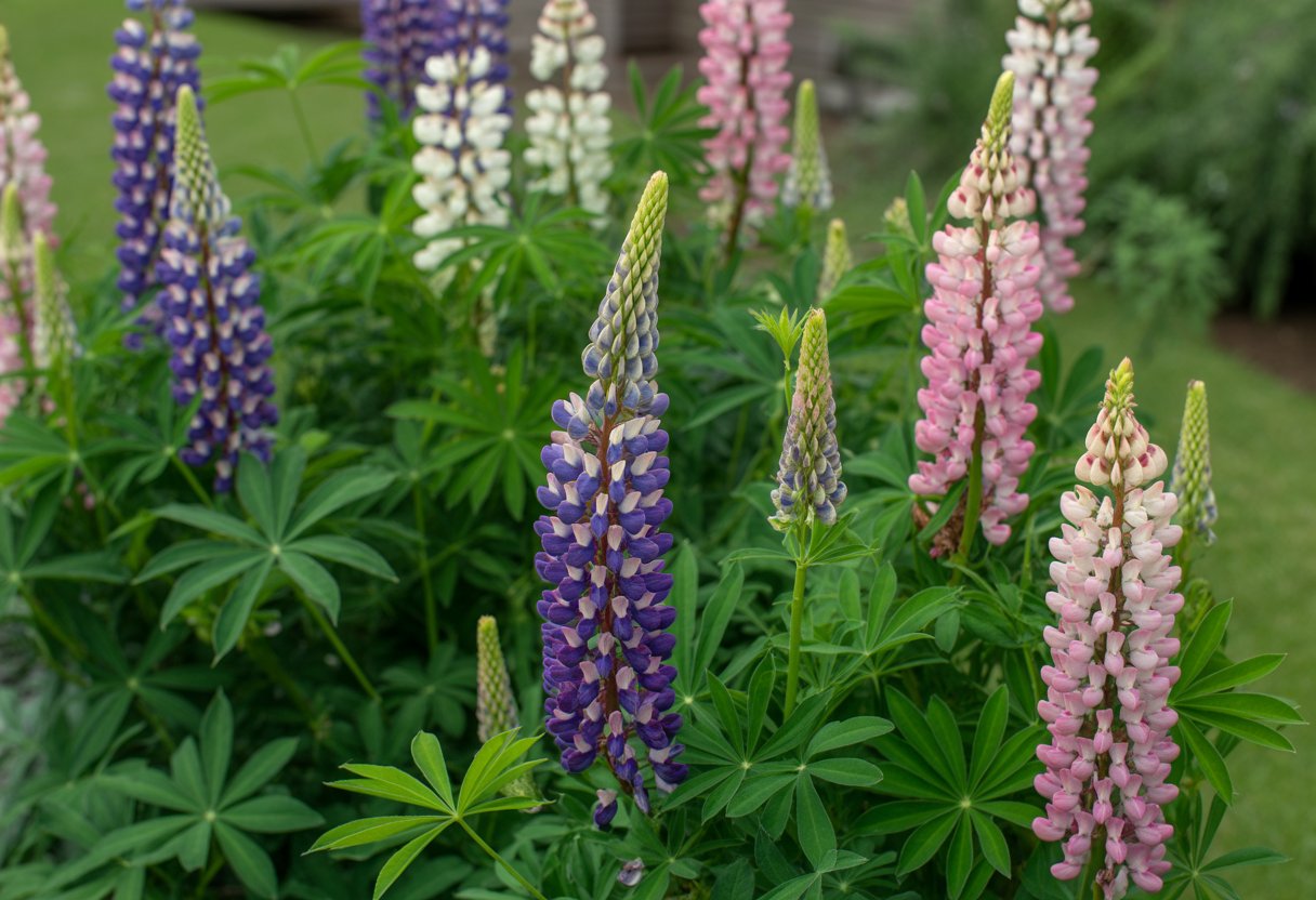 Close-up of colorful ornamental lupine flowers with green leaves in a garden setting.
