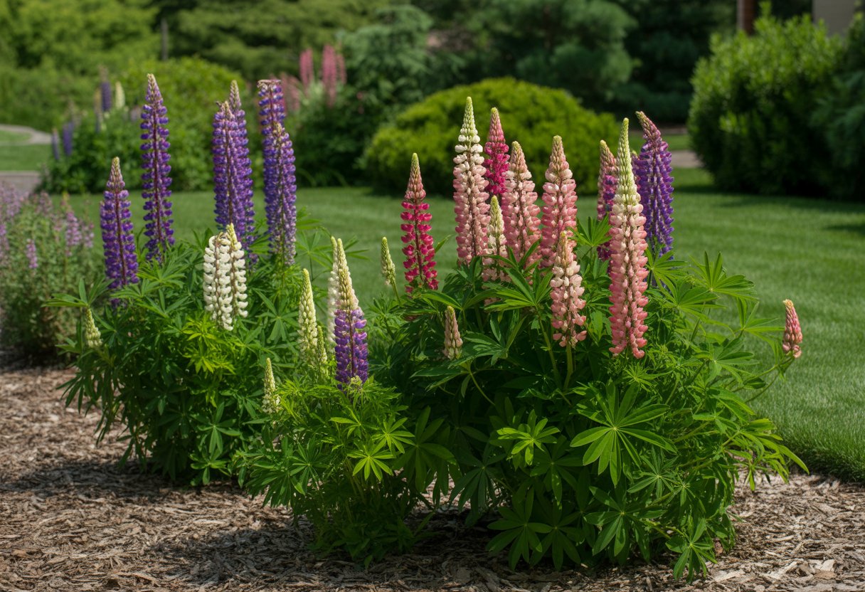 Ornamental lupine plants with colorful flowers growing in a landscaped garden with green foliage and soil.