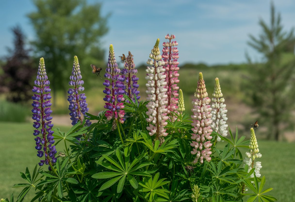 A vibrant ornamental lupine plant with colorful flowers blooming in a landscaped garden, surrounded by green foliage and pollinators.
