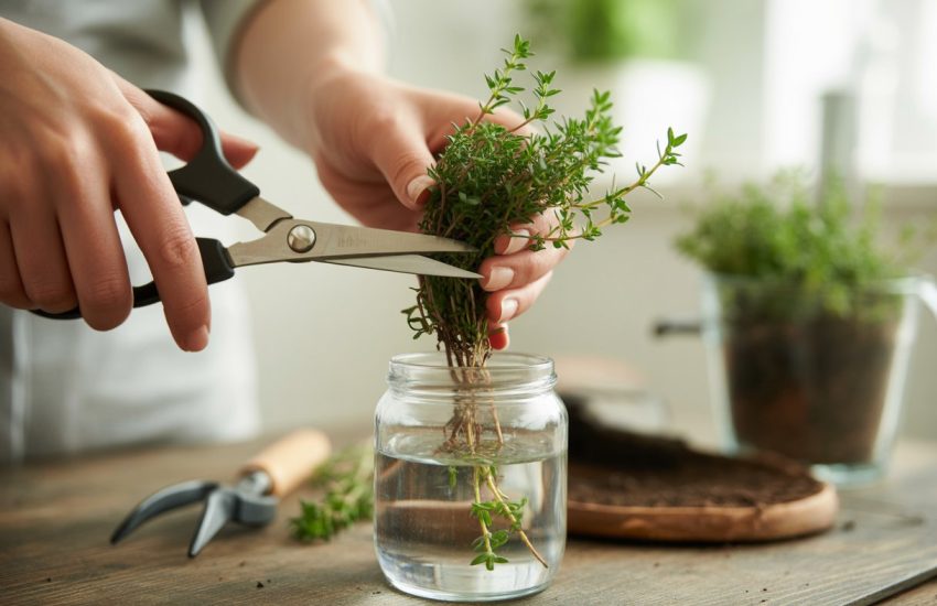 Hands cutting a thyme stem and placing cuttings in a glass jar of water on a wooden table.