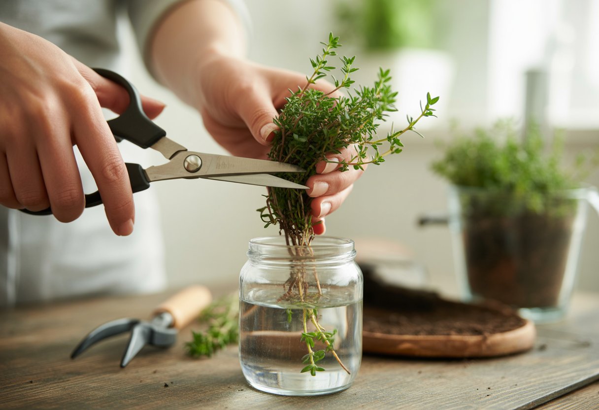 Hands cutting a thyme stem and placing cuttings in a glass jar of water on a wooden table.