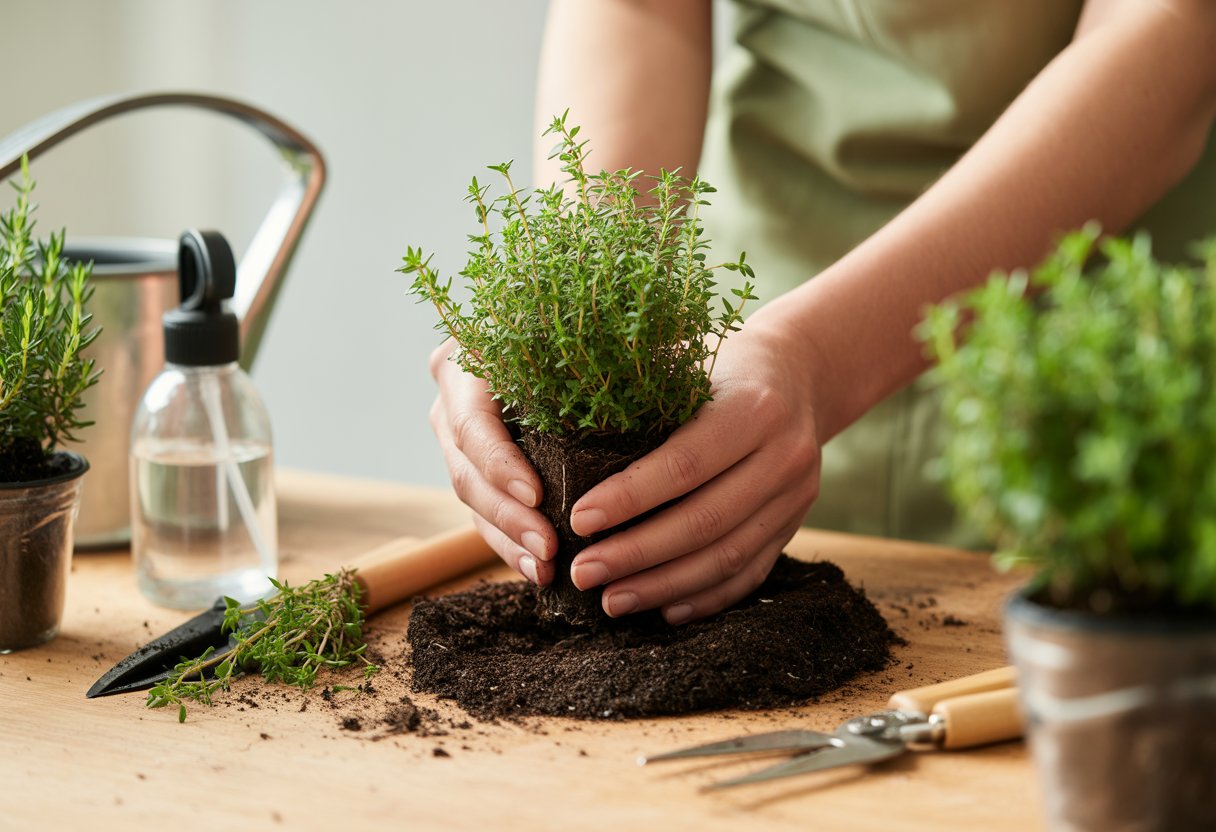Hands planting young thyme plants in small pots with soil on a wooden table surrounded by gardening tools.
