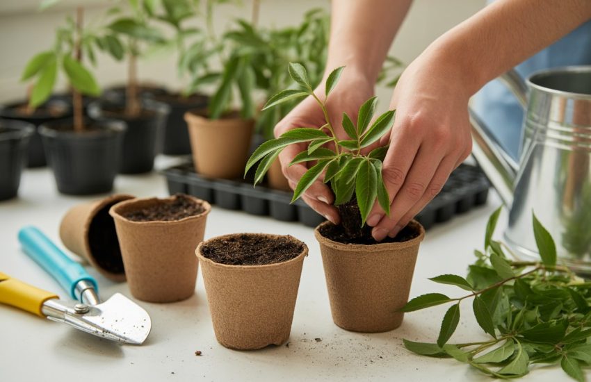 Hands planting elderberry cuttings into small pots with soil, surrounded by gardening tools and other potted plants.