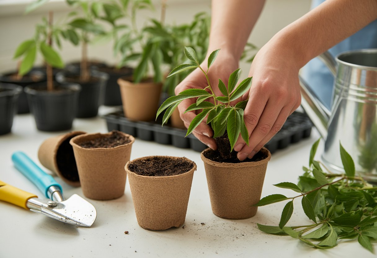 Hands planting elderberry cuttings into small pots with soil, surrounded by gardening tools and other potted plants.
