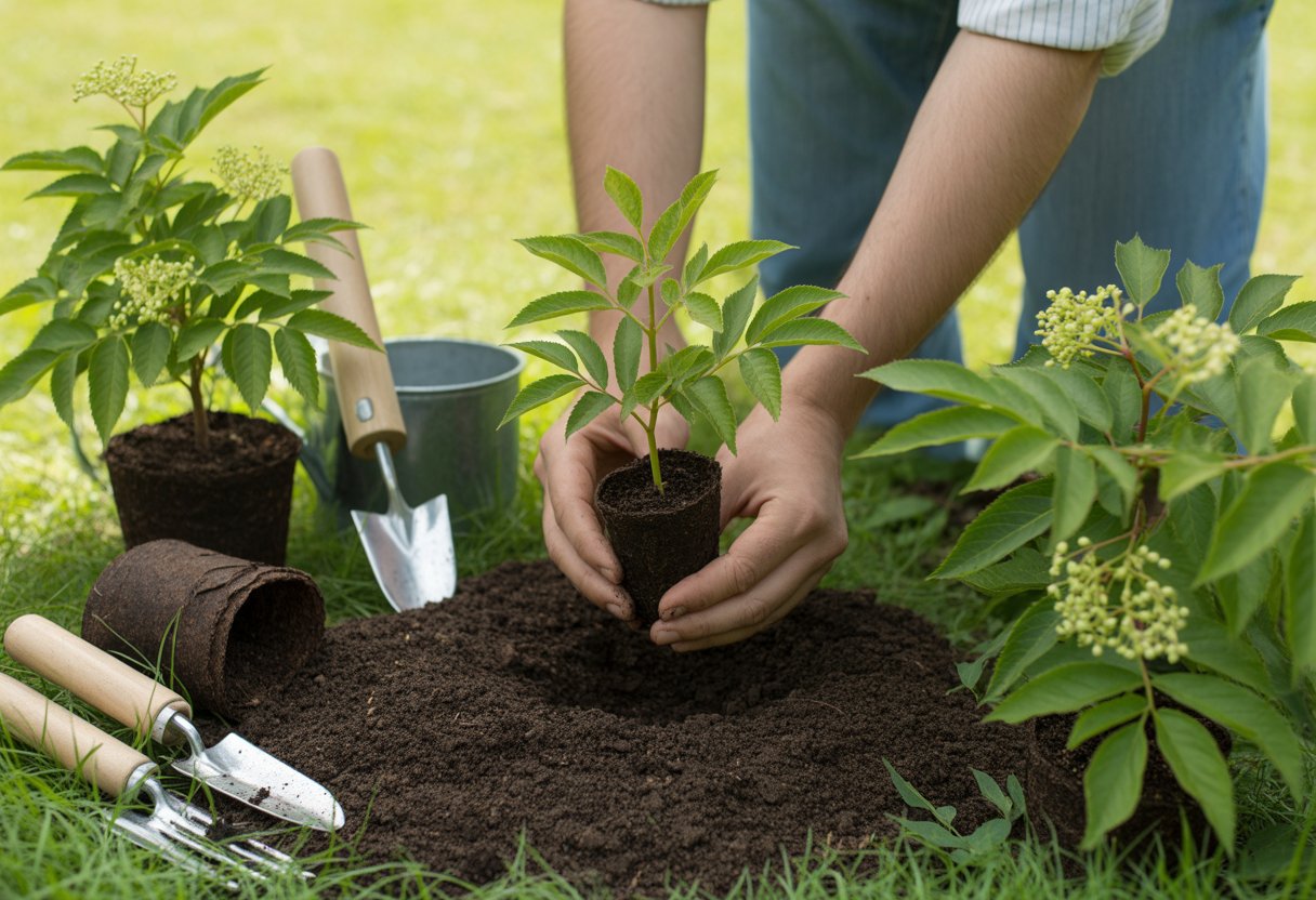 Hands transplanting a young elderberry seedling into soil with gardening tools and healthy elderberry plants nearby.