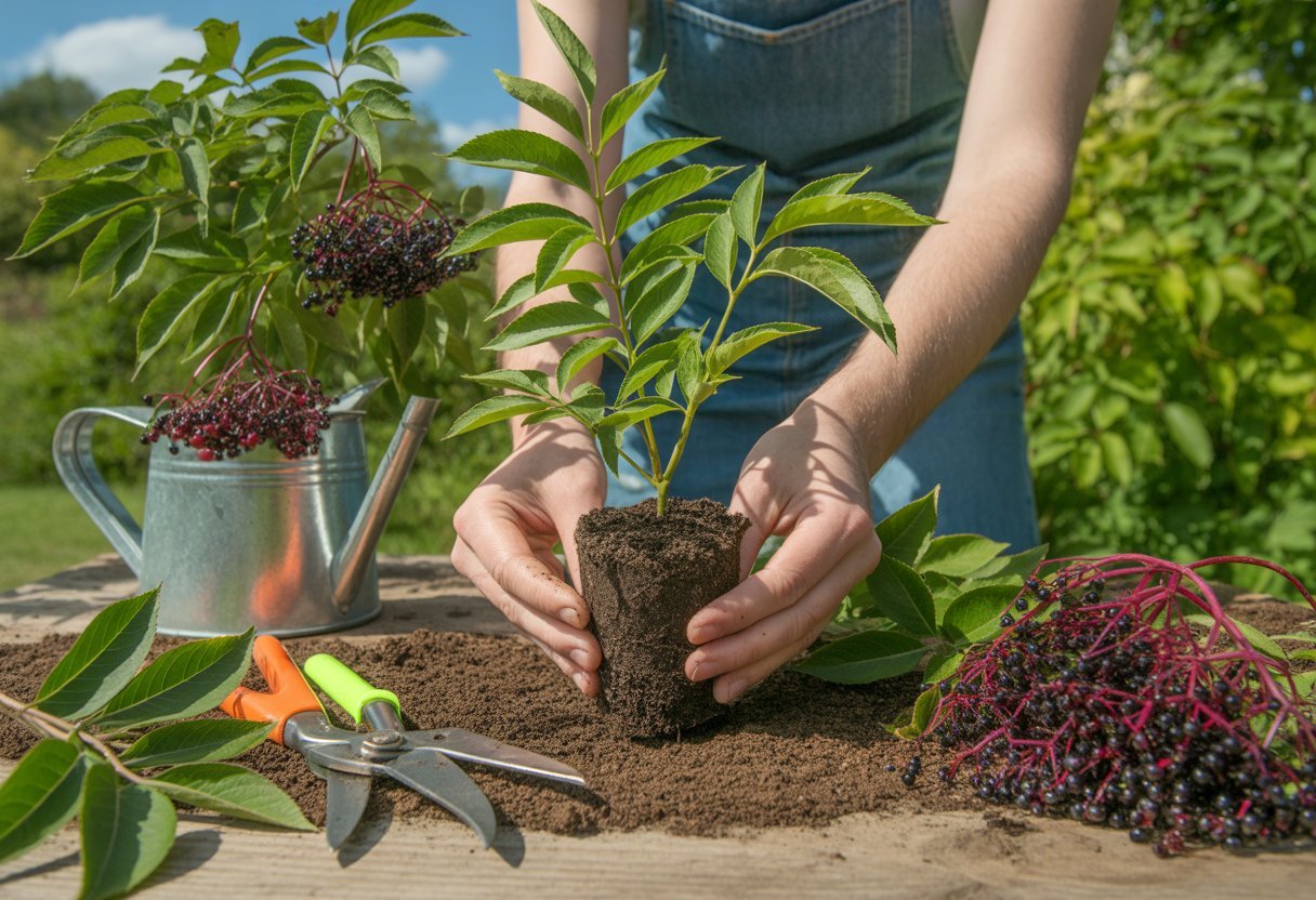 Hands planting elderberry cuttings into soil with healthy elderberry plants and gardening tools nearby in a sunny garden.